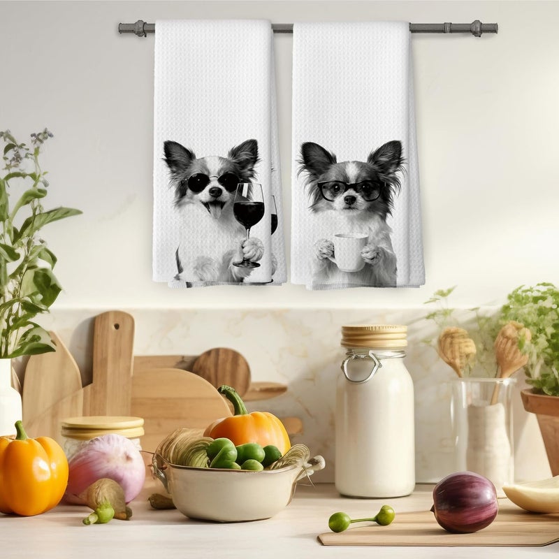 Mcehtle Funny Papillon Kitchen Towels Set of 2, Funny Dog Kitchen Accessories, Coffee Wine Station Decor, Dog Chef Gift Hand Towel, Dining Room Decorative Tea Towel Dish Towels 16x24 Inch - Image 4